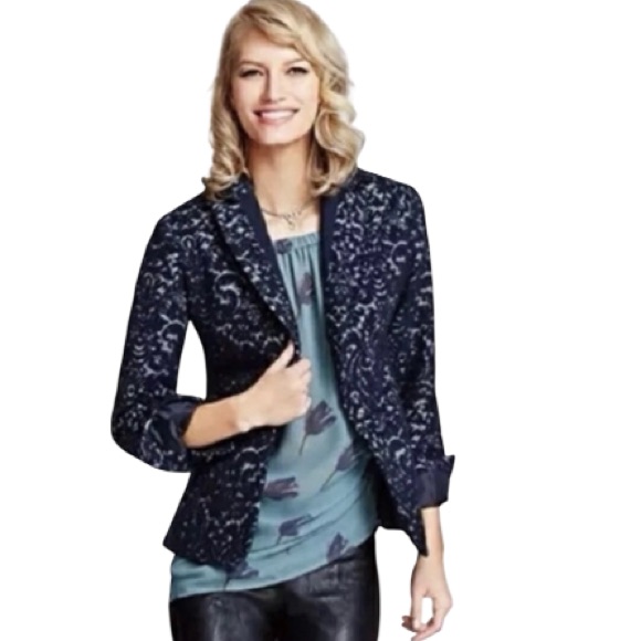 Cabi Wool Blend Jacquard Blazer Navy Silver Textured Jacket Size 6